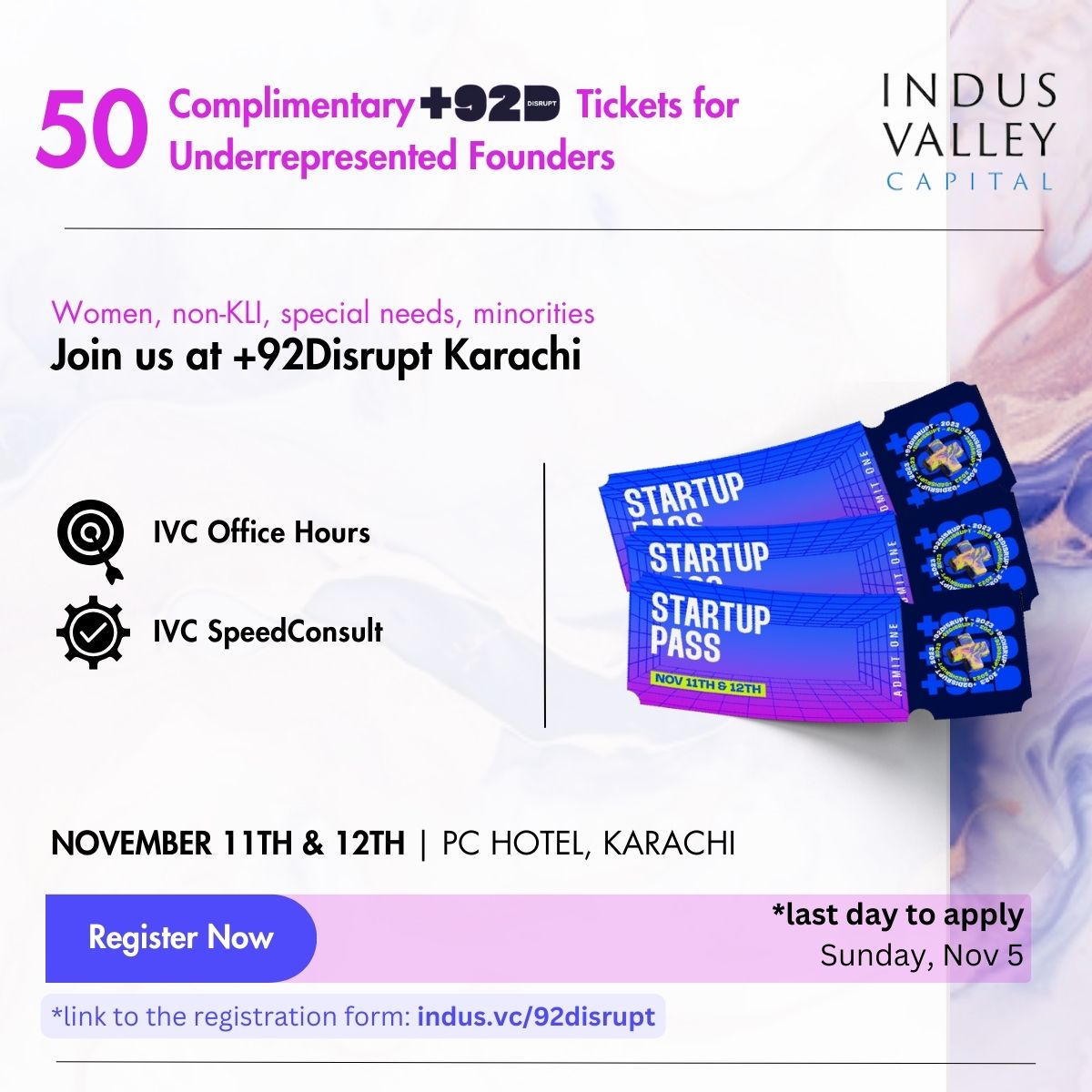 Aatif Awan (@aatif_awan) on Twitter photo 1/ Representation matters. <a href="/indusvalleycap/">Indus Valley Capital</a> is sponsoring 50 under-represented founders to participate in the +92Disrupt Karachi conference organized by <a href="/LabsKatalyst/">katalystlabspk</a>
Apply here by Sunday Nov 5: indus.vc/92disrupt 1/ Representation matters. <a href="/indusvalleycap/">Indus Valley Capital</a> is sponsoring 50 under-represented founders to participate in the +92Disrupt Karachi conference organized by <a href="/LabsKatalyst/">katalystlabspk</a>
Apply here by Sunday Nov 5: indus.vc/92disrupt