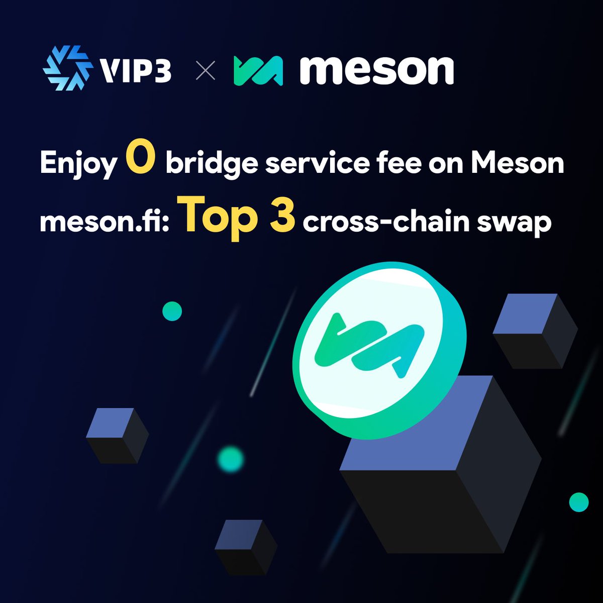 🎁New benefit for VIP3 holders! @mesonfi is the top 3 cross-chain swap platform 💥VIP3 holders can get 100% bridge service fee cashback when using Mesonfi Enjoy your 0⃣️ fee here:dapp.vip3.io/benefit/80