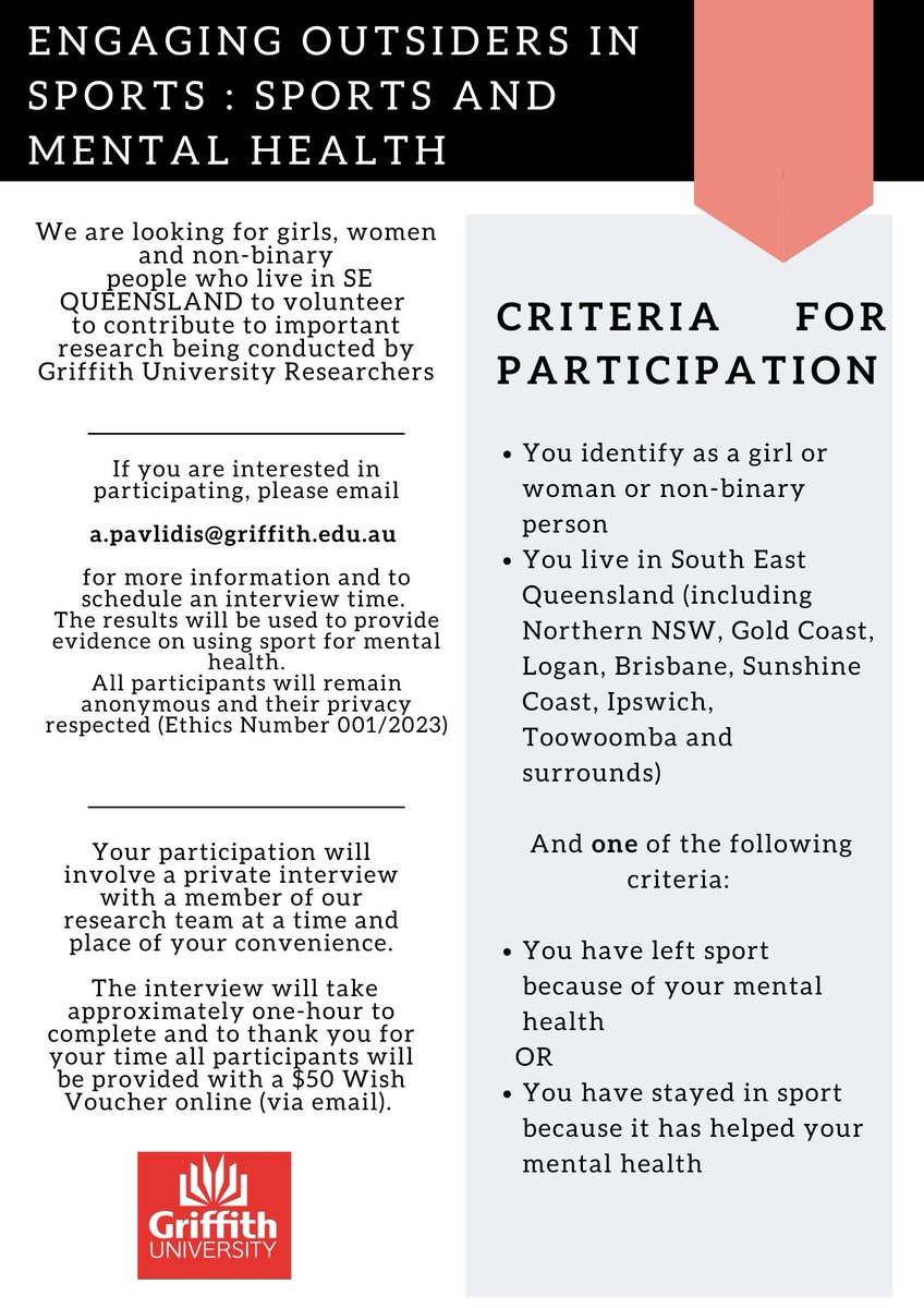 We are recruiting participants for our project - please get in touch and please circulate widely

@adele_pavlidis @SimoneFullagar @hollythorpe_nz <a href="/kirstyforsdike/">K Forsdike</a> <a href="/dgmcgillivray1/">David McGillivray</a> <a href="/simondarcy/">Simon Darcy Clifford</a> <a href="/GU_SocialCultur/">GU_SocialCultural</a> <a href="/GU_Incl_Futures/">Inclusive Futures: Reimagining Disability</a> <a href="/GriffithUniSAGE/">Sport & Gender Equity research hub (SAGE)</a> <a href="/Griffith_Uni/">Griffith University</a> <a href="/Griffith_GSC/">Griffith Sports College</a>