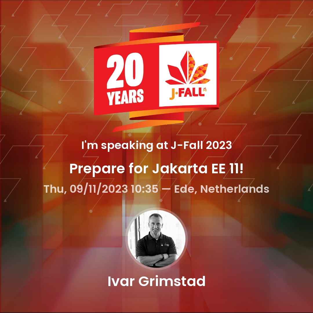 Ivar Grimstad (@ivar_grimstad) on Twitter photo Looking forward to speaking at the 20th <a href="/jfallconf/">J-Fall π³π±</a> next week!
Come to my talk to get the latest and greatest about <a href="/JakartaEE/">Jakarta EE</a> 11
#JakartaEE #EclipseFoundation #jfall #stroopwafel Looking forward to speaking at the 20th <a href="/jfallconf/">J-Fall π³π±</a> next week!
Come to my talk to get the latest and greatest about <a href="/JakartaEE/">Jakarta EE</a> 11
#JakartaEE #EclipseFoundation #jfall #stroopwafel