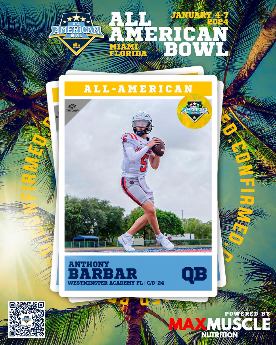 All-American Bowl by Podyum Preps (@pp_all_american) on Twitter photo 🚨 𝗖𝗢𝗡𝗙𝗜𝗥𝗠𝗘𝗗 🚨
Quarterback <a href="/AnthonyBarbar5/">Anthony Barbar</a> from @Wacad (FL) has accepted his invite to the <a href="/PodyumPreps/">Podyum Preps</a> All-American Bowl!! See you in Miami!!
#EarnYourLevel #PPAllAmerican #Miami #PodyumPreps #HSFootball #GetRecruited #BEPREPARED
bit.ly/PrepsAllAmeric… 🚨 𝗖𝗢𝗡𝗙𝗜𝗥𝗠𝗘𝗗 🚨
Quarterback <a href="/AnthonyBarbar5/">Anthony Barbar</a> from @Wacad (FL) has accepted his invite to the <a href="/PodyumPreps/">Podyum Preps</a> All-American Bowl!! See you in Miami!!
#EarnYourLevel #PPAllAmerican #Miami #PodyumPreps #HSFootball #GetRecruited #BEPREPARED
bit.ly/PrepsAllAmeric…