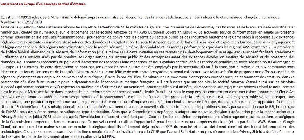 Suite aux annonces <a href="/AWS/">Amazon Web Services</a> d'un prétendu cloud "européen" et "souverain", adoubé par le BSI allemand, retrouvez ma question @senat au Ministre, parue ce 2nov au JO,sur la position française ⁦
<a href="/SouveraineTech/">Souveraine Tech</a> ⁦@ContexteNum⁩ ⁦<a href="/SouveraineteNum/">SouveraineteNum</a>⁩ ⁦<a href="/OpenInternetPro/">OpenInternetProject</a>⁩