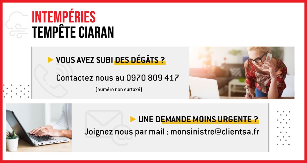 Suite à la tempête #Ciaran survenue sur une partie de la France, nous recevons énormément d'appels et restons mobilisés à vos côtés.