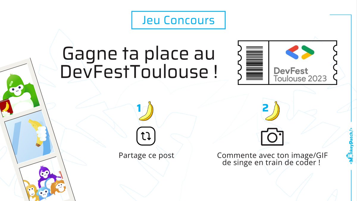 [📢 Jeu #concours]

On te fait gagner une place🎫pour le <a href="/DevFestToulouse/">DevFest Toulouse</a> du 16/11/23 :
Partage ce post et commente avec une photo / GIF de singe qui code (image IA autorisée) 📸 !

Annonce du vote des Monkeys le 9/11 à 14h 🍀! Nous nous laisserons influencer par les likes...