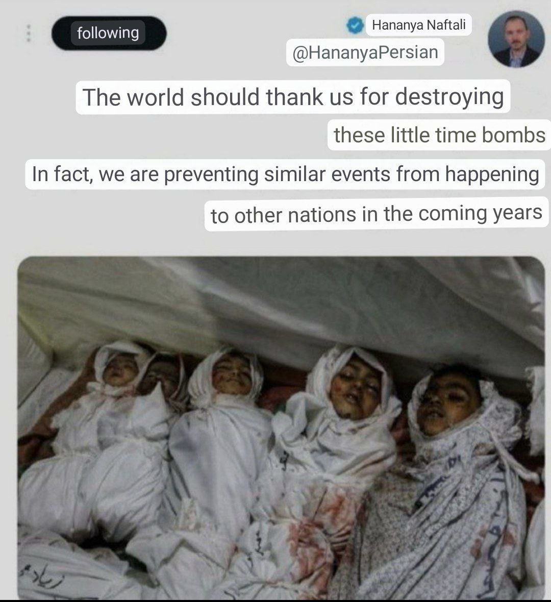 My X account was locked when I posted photos of Palestinian children murdered by Israelis. Do you think this Israeli's account was locked, when he posted this?