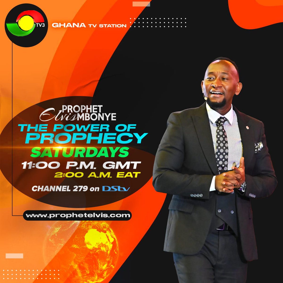 Prophet Elvis Mbonye on TV3 Ghana this Saturday November 04, 2023 11:00 pm Greenwich Mean Time (GMT)!! Live stream at prophetelvis.com/live #ProphetElvisMbonye