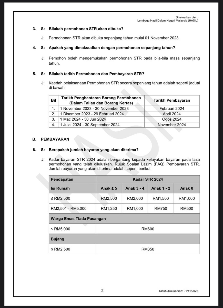 PERMOHONAN SUMBANGAN TUNAI RAHMAH (STR) 2024

Pendapatan bulanan

Isi rumah: Dibawah RM5,000
Warga emas: Dibawah RM5,000
Bujang: Dibawah RM2,500

Boleh mohon disini - bantuantunai.hasil.gov.my