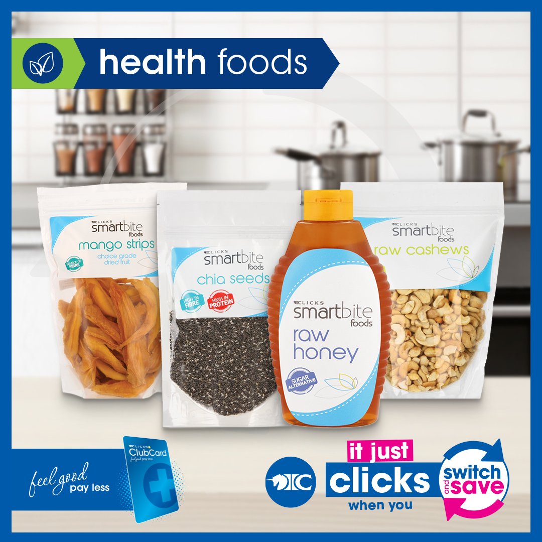 Clicks_SA's tweet photo. Keep up your health goals when you shop Smartbite health foods and keep the calories at bay.

Enjoy scrumptious mango strips, cashews, chia seeds, honey, and more.

Shop in store and online. -> https://t.co/CHPh8r9KLc

#Clicks #HealthcareSavings #SmartBite #SwitchAndSave https://t.co/Uf68PjBTTD