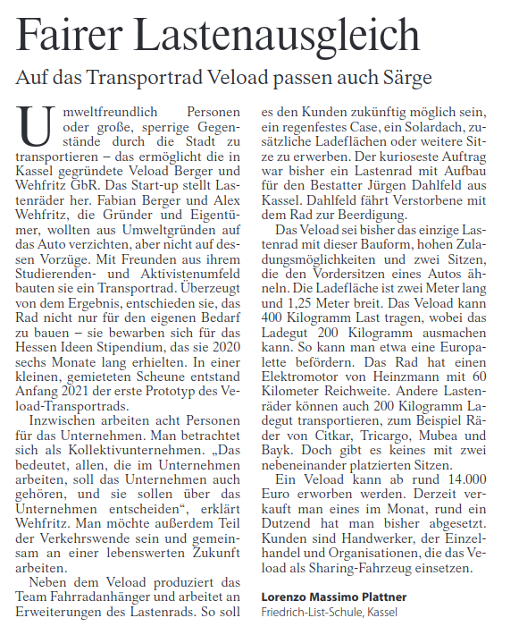 Ein Artikel über das VELOAD von Lorenzo Plattner im Teil "Jugend und Wirtschaft" in der <a href="/faznet/">Frankfurter Allgemeine</a> von heute, 2.11.23.