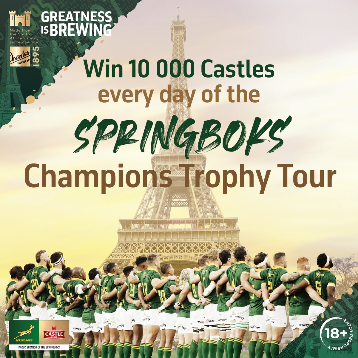 CastleLagerSA's tweet image. The @Springboks 🇿🇦 won the #RWC2023, so we’re giving away 10,000 Castles every day of the Springboks Champions Trophy Tour! 🔥 Quote with 🏉 using #GreatnessIsBrewing and stand a chance to win a Castle! 🍻 T’s and C’s Apply. 😀