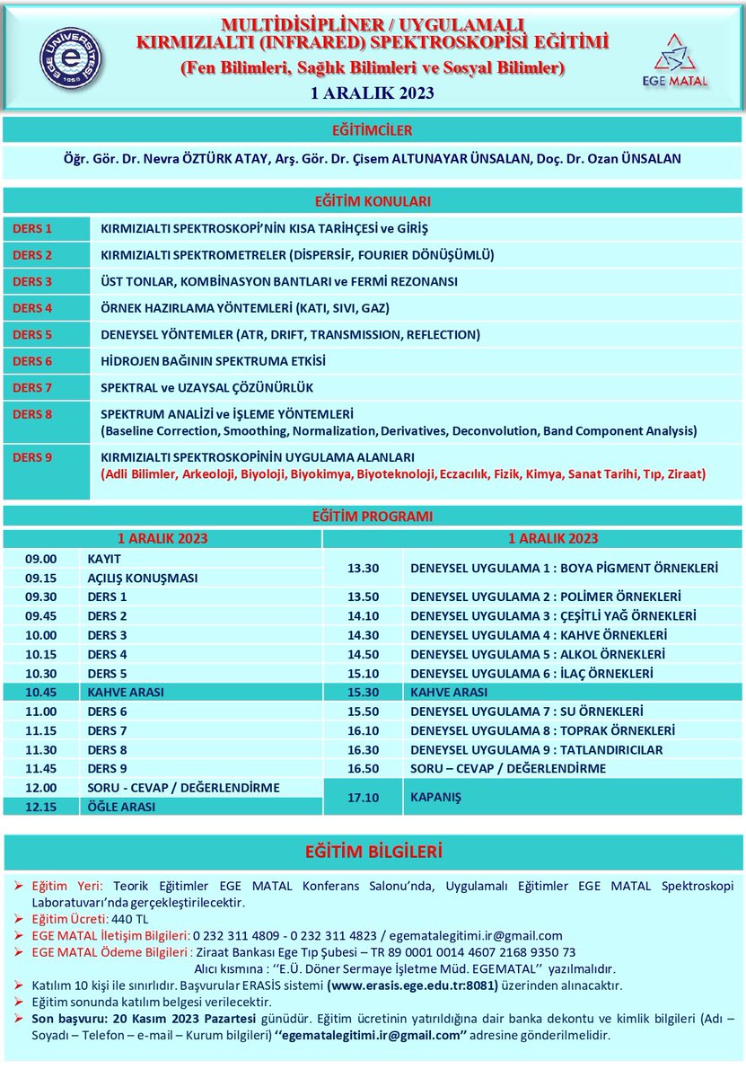 EGE-MATAL'da 01 Aralık 2023 tarihinde "Multidisipliner / Uygulamalı Kırmızıaltı (Infrared) Spektroskopisi Eğitimi (Fen Bilimleri, Sağlık Bilimleri ve Sosyal Bilimler)" kursu düzenlenecektir.