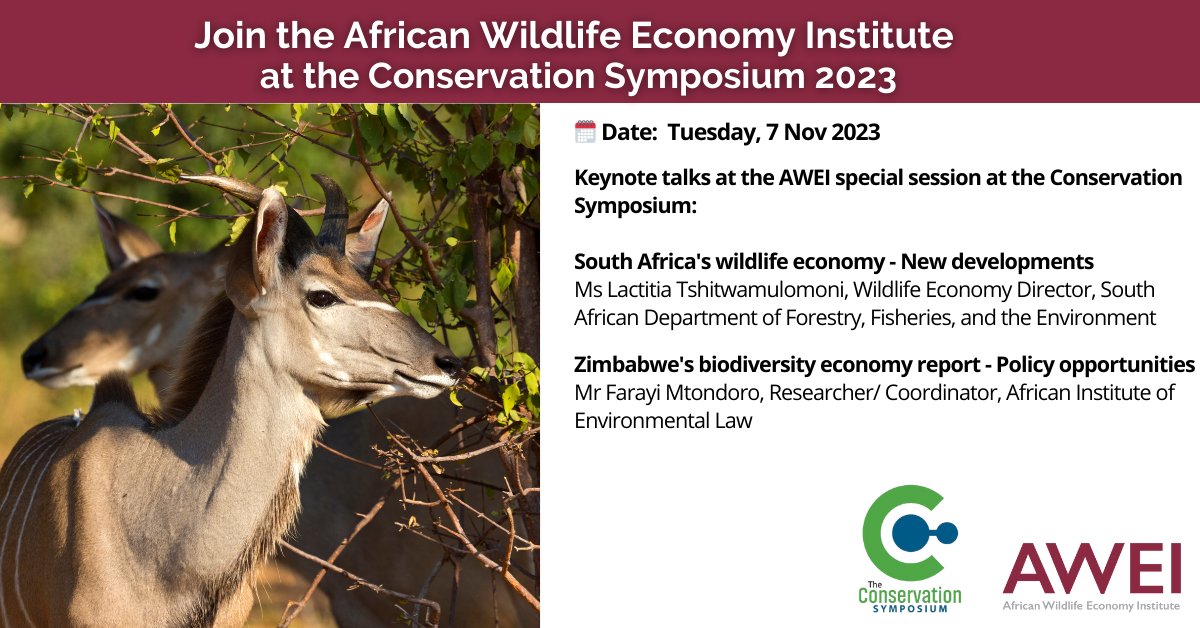 Join us at the @conservationsym! 🗓️ 7 Nov 2023 Engage in informative presentations and discussions on vital topics like sustainable wild meat sector growth, intra-Africa wildlife tourism, and wildlife product trade. More info: www0.sun.ac.za/awei/events/20… #WildlifeEconomy