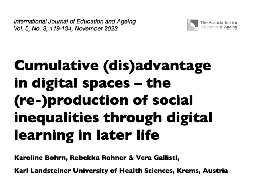 New piece in the final issue of the International Journal of Education &amp; Ageing: Karoline Bohrn, Rebekka Rohner   and I examine the role of social inequalities in shaping learning experiences in later life. Let me know of you want to read it! @KLKrems