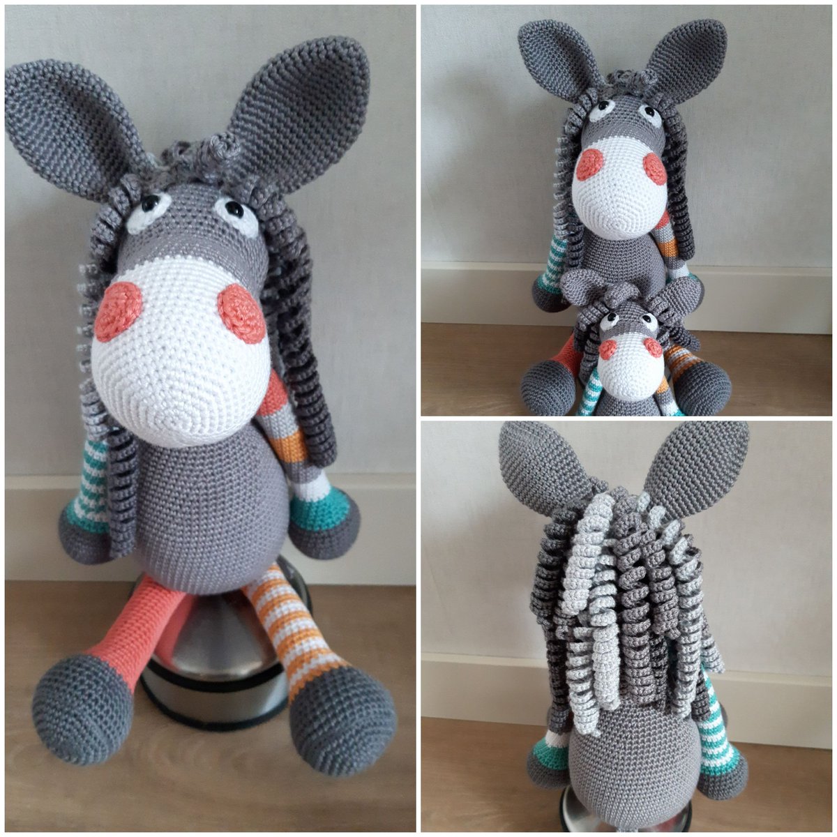 Mogen wij ons even voorstellen? Wij zijn Eddy en mini Eddy de ezel. Onze manen zitten zo mooi in de krul. We zullen daarom vandaag met dat stormachtige weer maar binnen blijven. #Amigurumi #haakgek #stipenhaak #ezel