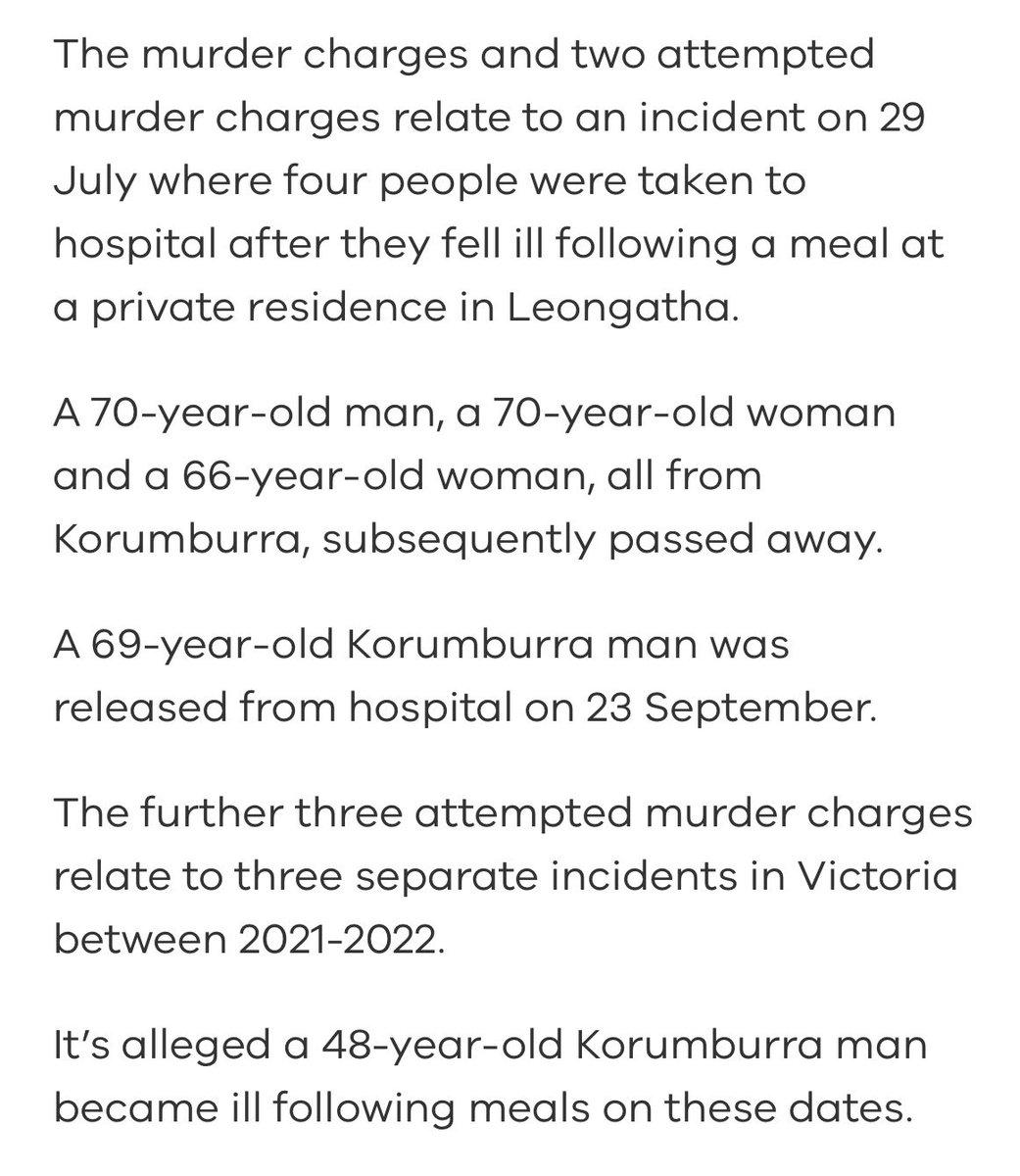 Eliza Rugg (@eliza_rugg9) on Twitter photo BREAKING: Erin Patterson charged with a total of 3 counts of murder and 5 counts of attempted murder. Details attached. She has been remanded in custody to face court in Morwell tomorrow. <a href="/9NewsMelb/">9News Melbourne</a> BREAKING: Erin Patterson charged with a total of 3 counts of murder and 5 counts of attempted murder. Details attached. She has been remanded in custody to face court in Morwell tomorrow. <a href="/9NewsMelb/">9News Melbourne</a>