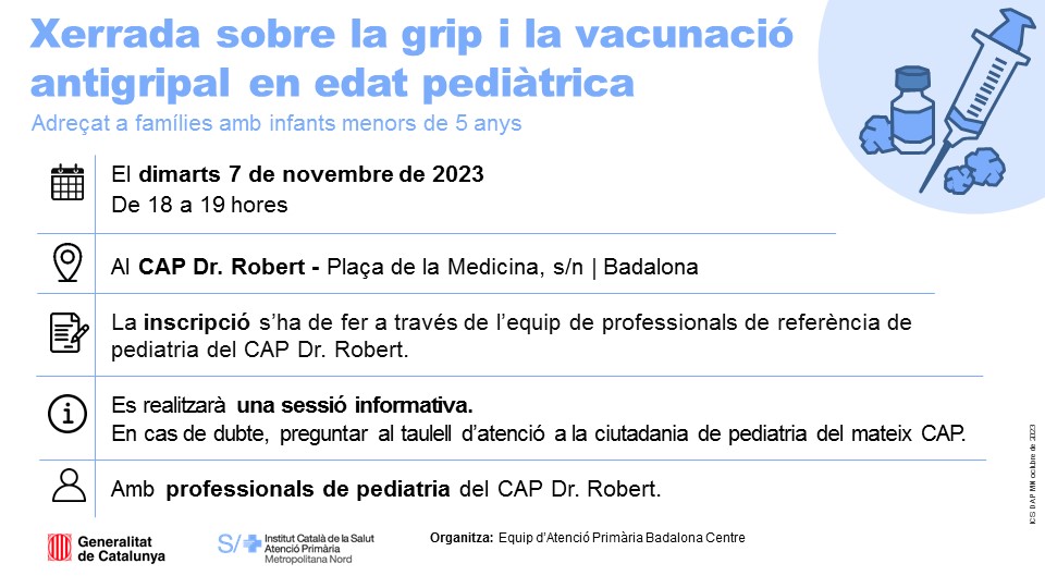 apicsmetronord's tweet photo. 📌Xerrada sobre la grip i la vacunació antigripal en infants menors de 5 anys per a famílies usuàries del #CAPRobert #Badalona
🗓️ 7 de novembre
🕕 18 a 19 hores
📍 #CAPRobert @AjBadalona @SalutBDN
✏️ Per assistir-hi contacta amb la professional de la salut https://t.co/zQ7rqoKGug