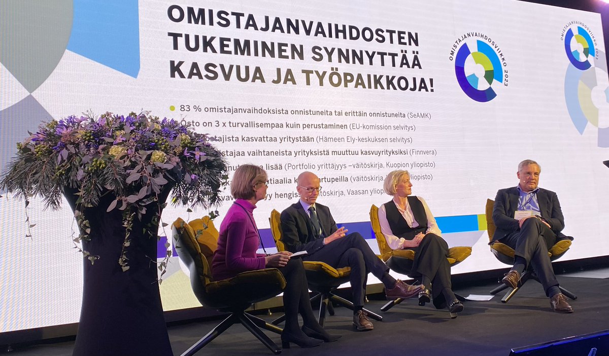 Omistajanvaihdosten merkitys yritysten kasvulle ja koko kansantalouden kasvulle on todella tärkeää. 📈

Aiheesta keskustelemassa #ovfoorumi paneelissa:
<a href="/MinnaVanHar/">Min Vanhala Harmanen</a> <a href="/Perheyritys/">Perheyritysten liitto</a> 
<a href="/jmpentikainen/">Mikael Pentikäinen</a> <a href="/suomenyrittajat/">Suomen Yrittäjät</a> 
<a href="/PKjari/">Jari Huovinen</a> <a href="/Elinkeinoelama/">EK</a> 
juontajana Sirpa Manner @hallituspartne1