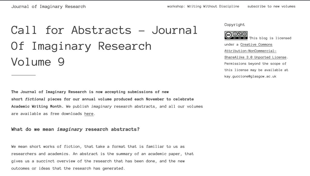 OPEN FOR 2023 SUBMISSIONS @eine and I want your Fictional Research Abstracts! Yes, fictional. Why? 1/5 #ImaginaryResearch #MicroFiction #UofGWriteFest journalofimaginaryresearch.home.blog/2023/10/25/cal…