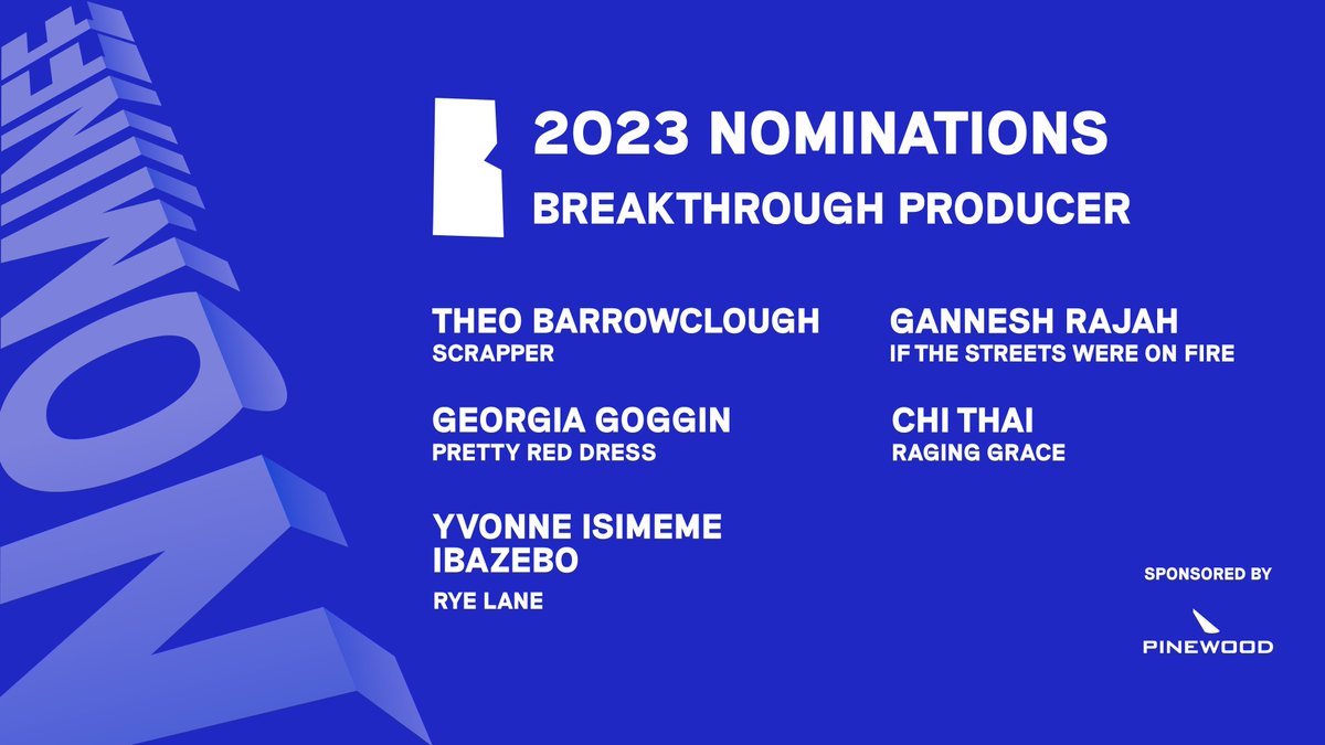 The #BIFA2023 nominees for Breakthrough Producer sponsored by Pinewood and Shepperton Studios are:

THEO BARROWCLOUGH Scrapper
GEORGIA GOGGIN Pretty Red Dress
YVONNE ISIMEME IBAZEBO Rye Lane
GANNESH RAJAH If the Streets Were on Fire
CHI THAI Raging Grace
