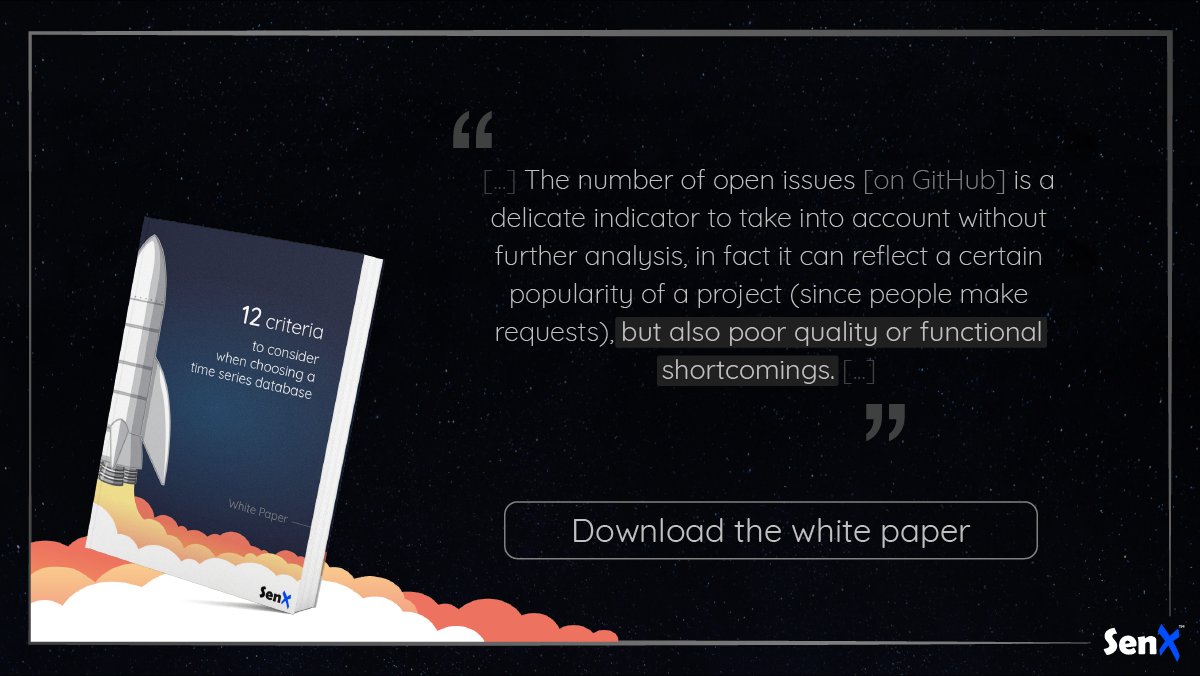 When you're about to choose an #opensource time series database, #GitHub offers indicators to look at, like the number &amp; nature of open issues. 
Discover the 12 criteria to take into account in our White paper: senx.io/guide 
#datamanagement #timeseries #whitepaper