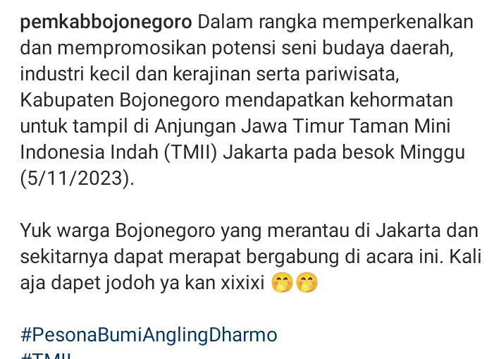 gloryofnirdev's tweet image. Cuss ramaikan pagelaran pesona bumi Angling Dharmo BOJONEGORO  , di anjungan Jawa Timur - TMII, minggu 5 november 2023. 

#PesonaBhumiAnglingDarmo
#TMII
