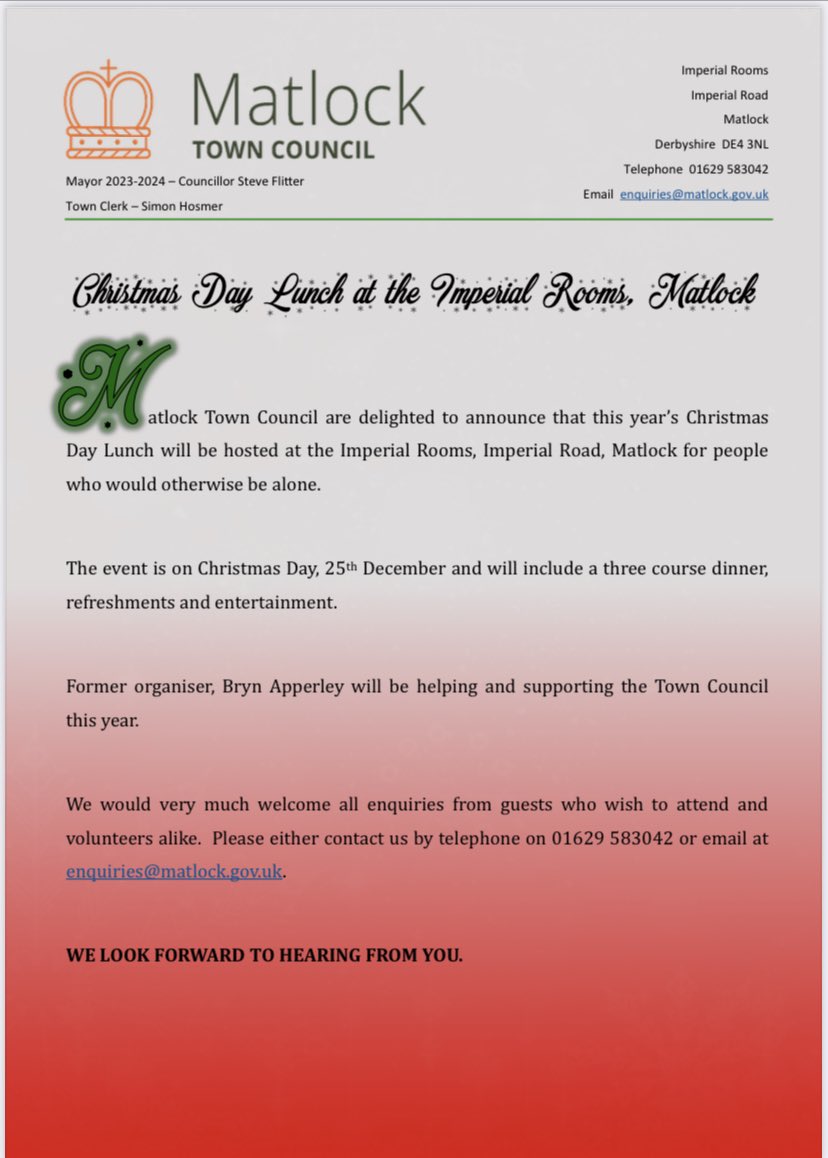 Delighted that Matlock Town Council have taken on the Christmas Day Lunch his year. Let’s make sure it’s a huge success. My contact number is 07795377893.