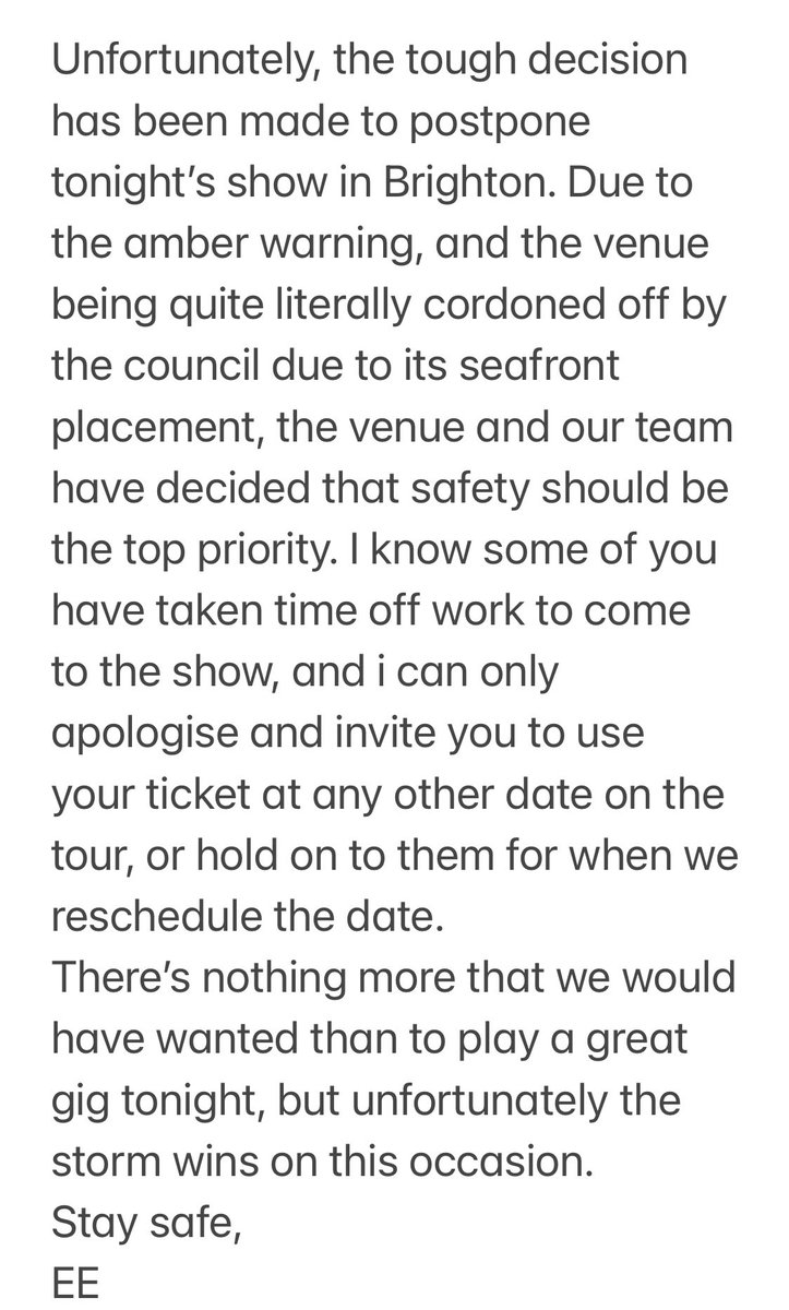 Brighton gig postponed due to Amber warning