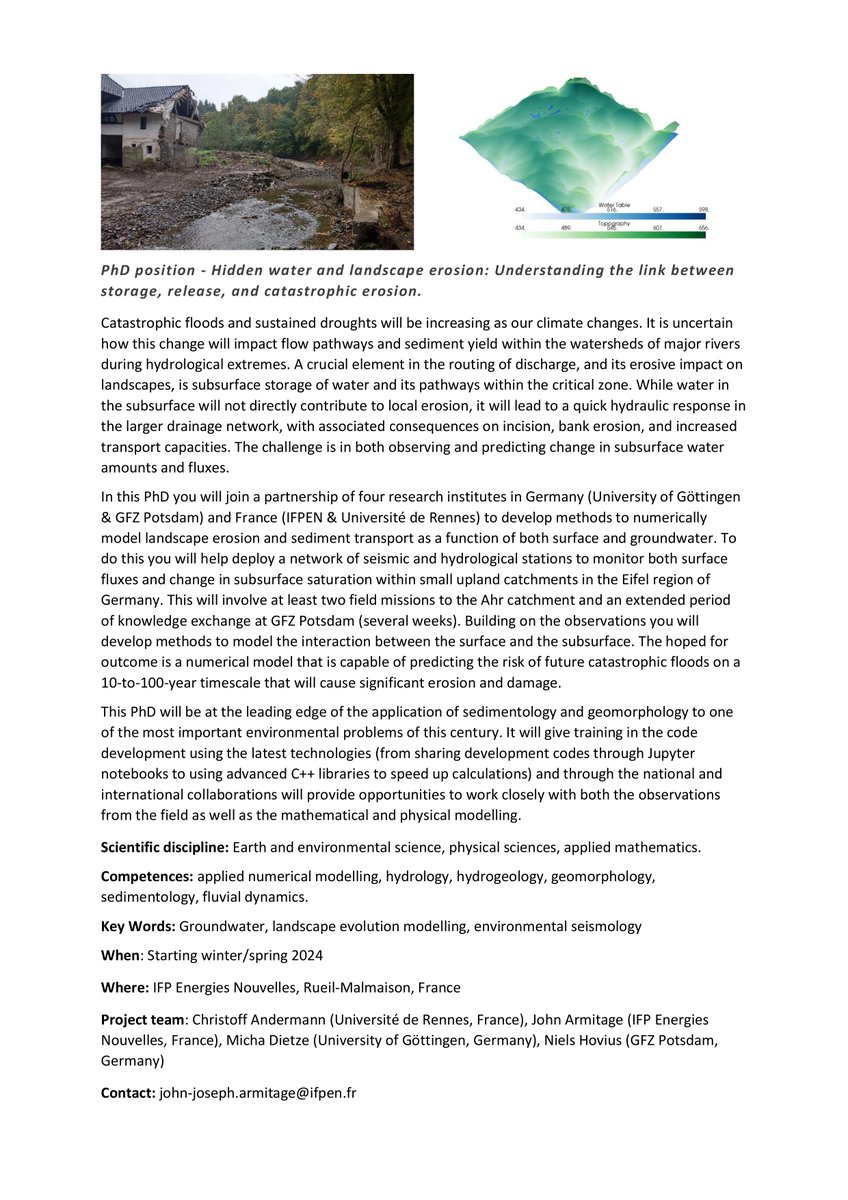 John Armitage (@johnjarmitage) on Twitter photo I am hiring! I am looking for a PhD student to work with myself, <a href="/ChrisAndermann/">Christoff Andermann</a>, Micha Dietze and Niels Hovius to study the connectivity between groundwater, surface water, and sediment yield. The job will involve code development and field work in the beautiful Eifel mountains. I am hiring! I am looking for a PhD student to work with myself, <a href="/ChrisAndermann/">Christoff Andermann</a>, Micha Dietze and Niels Hovius to study the connectivity between groundwater, surface water, and sediment yield. The job will involve code development and field work in the beautiful Eifel mountains.