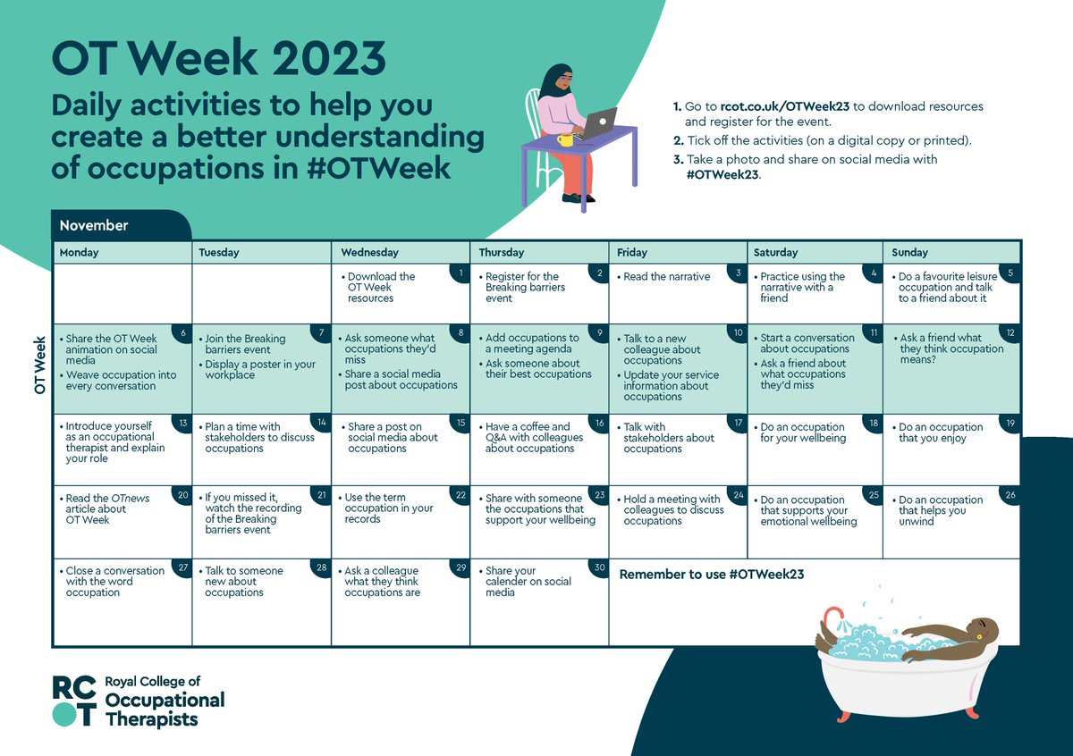 For #OTWeek23 we i.e. #OccupationalTherapyStudents and #OccupationalTherapyAcademics are planning to bring photos of our favourite occupations and talk about them over coffee and cake, the resources from @theRCOT are downloaded and we are prepping our #narratives ahead of 16/11💚