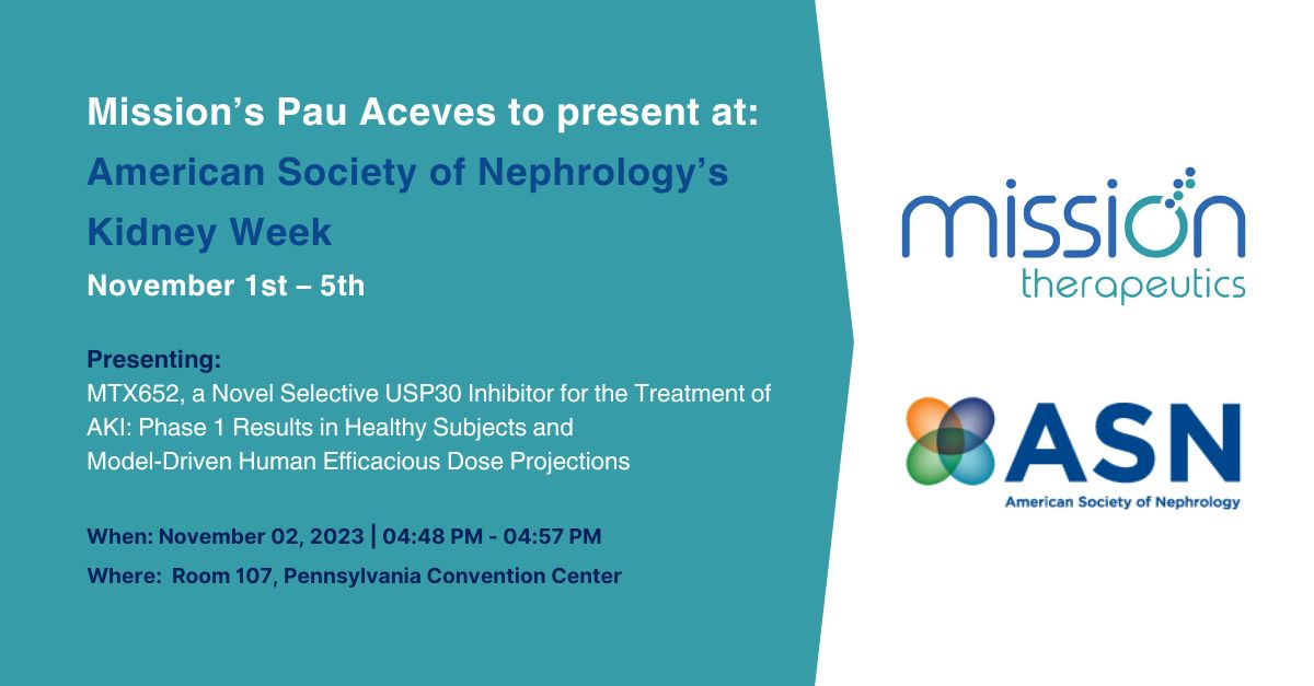 MISSIONTherapeu's tweet photo. Meet @MISSIONTherapeu's Pau Aceves who will be presenting at @ASNKidney's #KidneyWk as it aims to transform #KidneyDisease treatments through mitophagy.
Read more here: https://t.co/a6OnFS9PUB
#acutekidney #parkinsons #neurodegneration https://t.co/xvvL2gXuNV