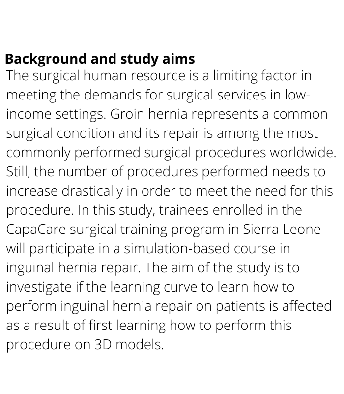 ISRCTN's tweet photo. Simulation-based training for groin hernia repair in Sierra Leone. Registered at #ISRCTN by @jennyloefgren @MMK_research @karolinskainst

https://t.co/DVwnA0zNqG

#clinicaltrials https://t.co/KBG6hpkLMi