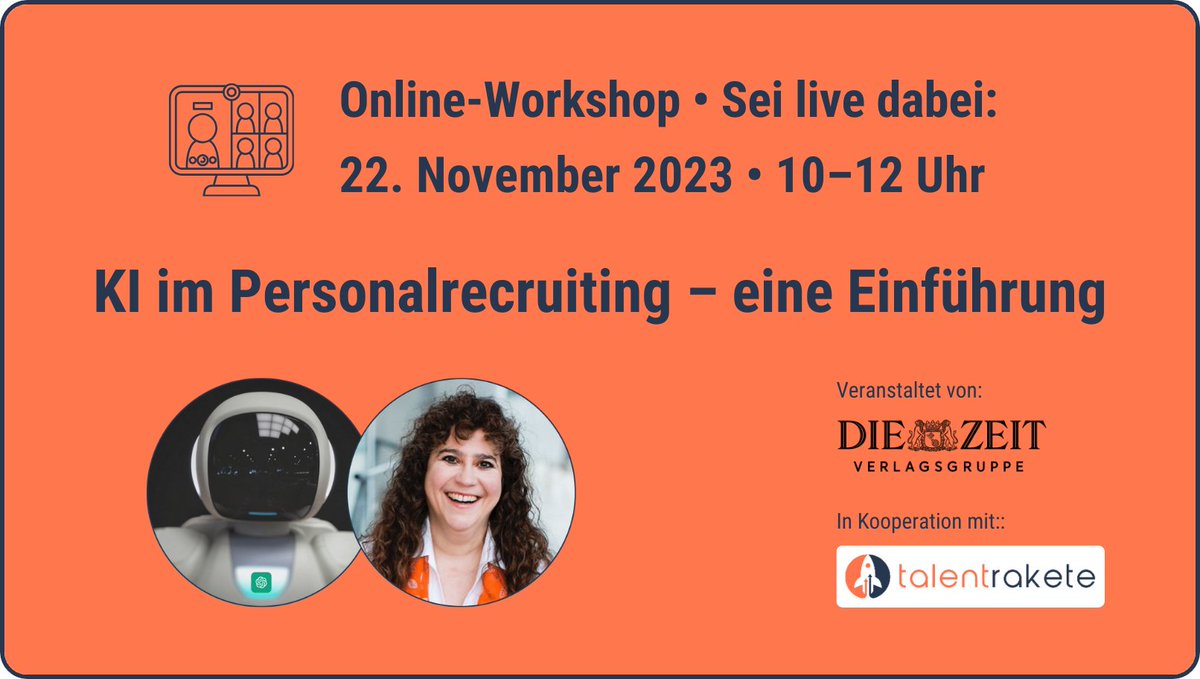 🤖 + 👩🏻 = 🤝

Mit #KI wird #Recruiting menschlicher.

Wie?
Im Digital-Seminar der ZEIT Verlagsgruppe erhalten HR-Profis zündende Impulse.

Kommst Du? 
Die LogIn-Daten erhältst Du vom Zeitverlag: Sende dazu 'ne Mail an hochschulmarketing@zeit.de –Betreff „KI im Personalrecruiting“