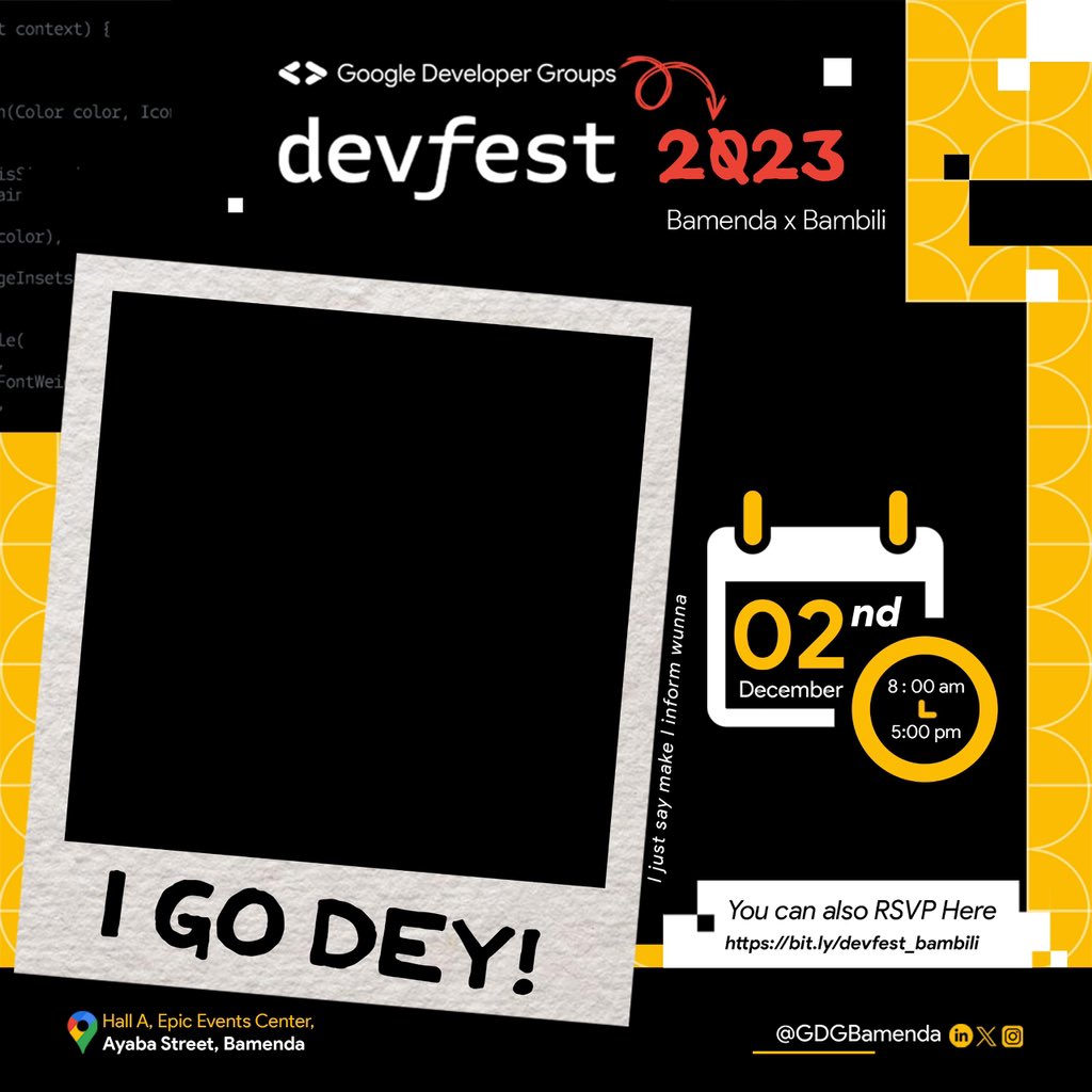 #DevfestBamendaxBambili will be happening in exactly one month’s time and we cannot wait to have you 🤩

While anticipating the event, you can create your personalized dp flyer and share making sure you tag us.

Get your personalized dp : getdp.co/Devfest2023

#Devfest