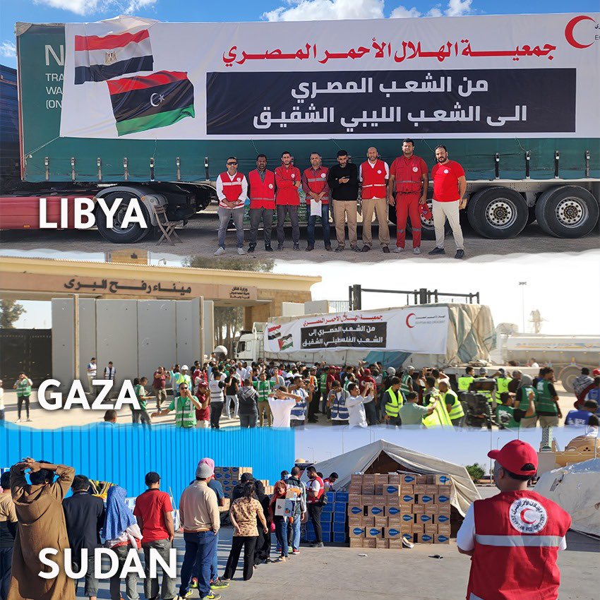 This is happening now 
by the Egyptian Red Crescent

- Today  delivering aid to Libya 🇱🇾 in response to the Daniel storm.

- Six months of dedicated humanitarian support on Egypt-Sudan 🇸🇩 borders.

- Huge humanitarian operation to Palestine 🇵🇸

<a href="/ifrc/">IFRC</a>