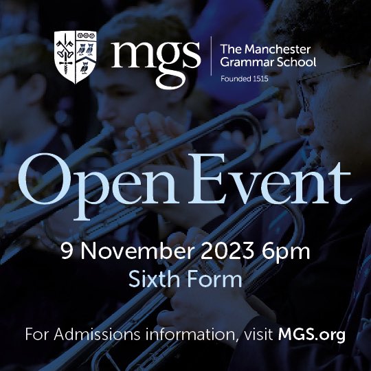mgs_1515's tweet image. 1 week until the next Open Event held at the Manchester Grammar School.
Sixth Form Open Evening takes place on Thursday 9 November 6:00pm – 8:00pm (registration required).
Visit mgs.org to book your place and for more information!
#openevening2023