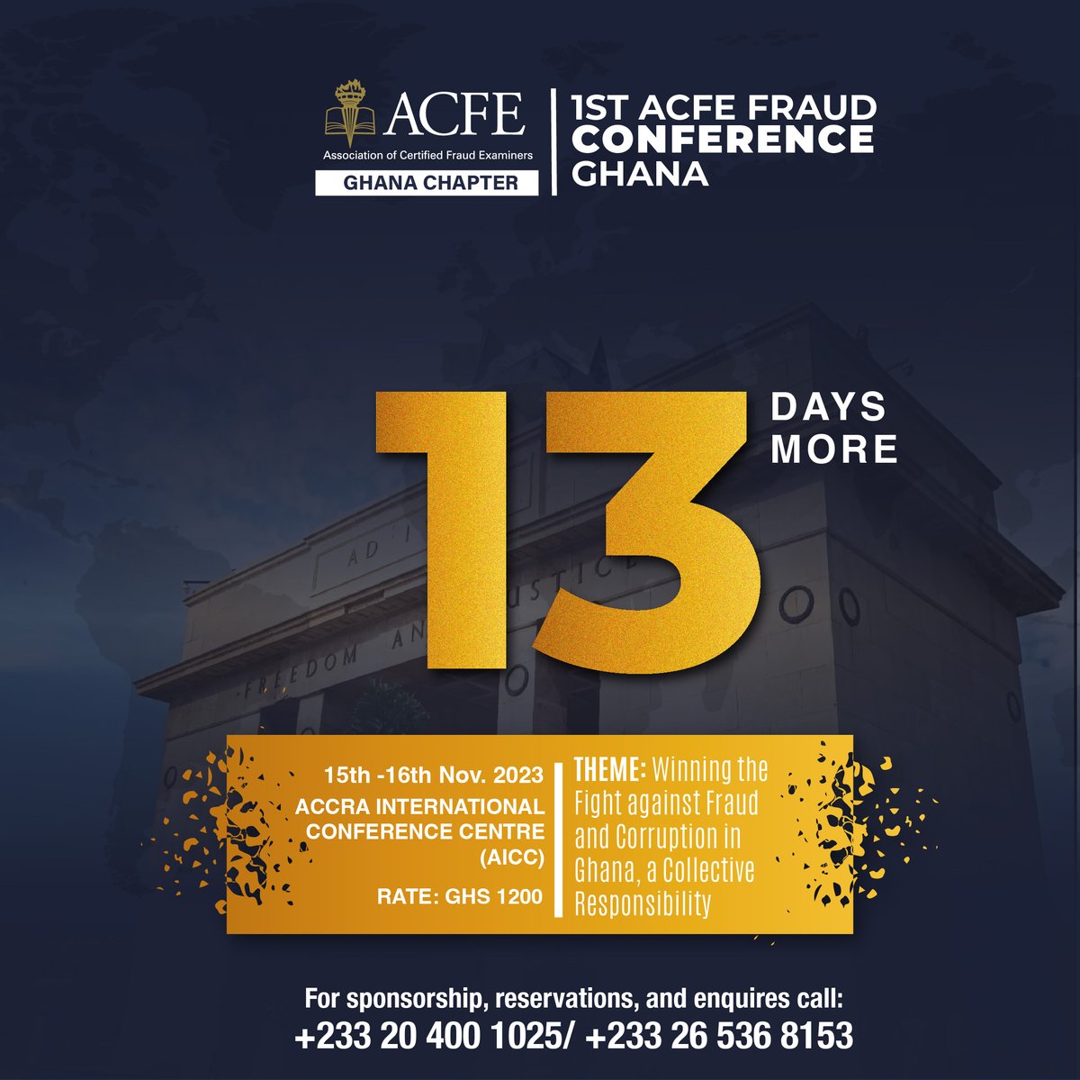 GhanaAcfe's tweet photo. HAVE YOU REGISTERED YET?
The clock is ticking ⏰

Join ACFE Ghana Chapter in its 1st ACFE Fraud Conference this November 15-16, 2023. Don't miss out

Register now to secure your spot: https://t.co/cGgb9ZOMil 

#UnitedIntheFight 
#FraudConference
#ACFE https://t.co/kT5KyaXKA7
