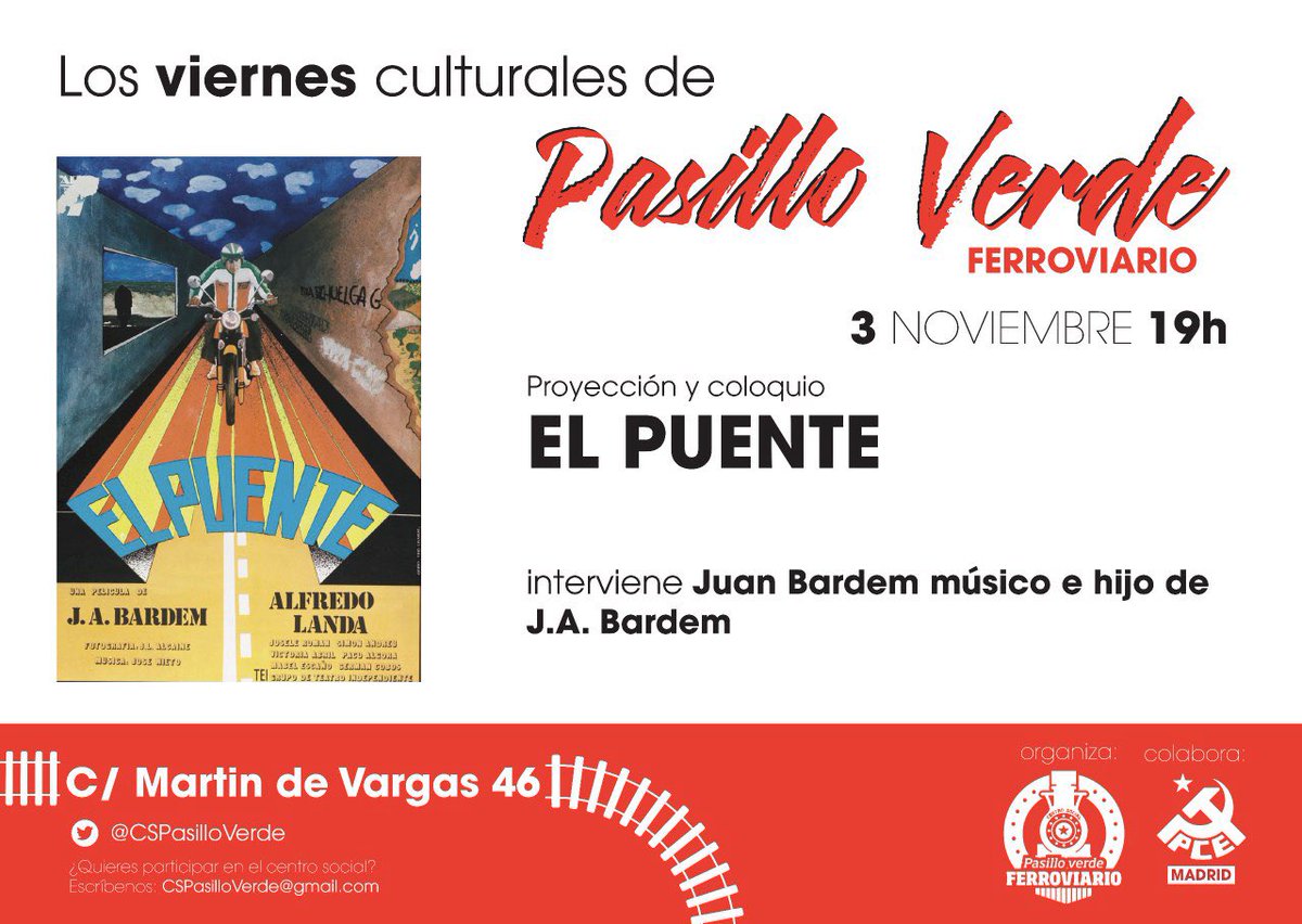 📚 Os esperamos en la próxima edición de nuestros #ViernesCulturales con proyección y coloquio sobre un imprescindible del cine e histórico militante de <a href="/elpce/">Partido Comunista de España</a>: J.A. Bardem.

Con Juan Bardem, músico e hijo.

📅 3 de noviembre 
📍Martín de Vargas, 46.
⏰ 19.00h #VeladasCulturales