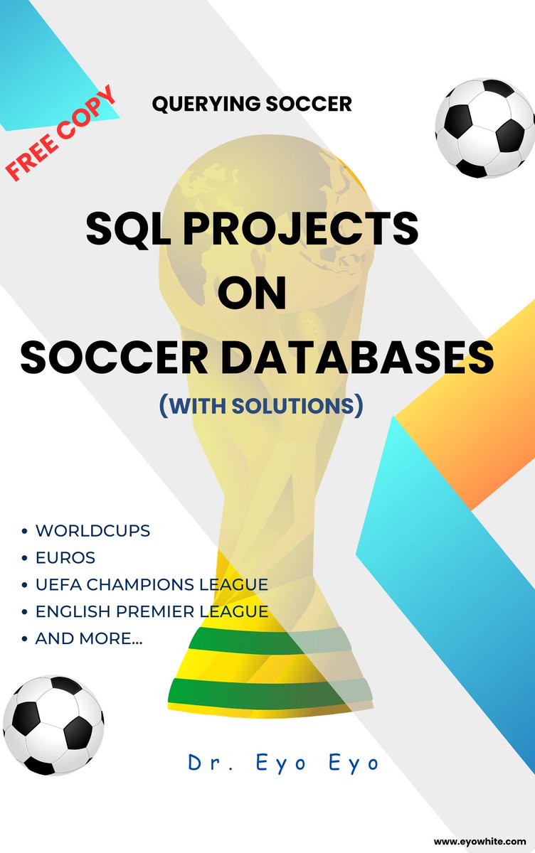 Data Analysts can earn upto $90,000/year querying soccer databases. That is why I have created this free ebook - 'SQL Projects on Soccer Databases' 135+ soccer business cases with solutions. To get your copy: Retweet Like & reply 'yes' Follow DM me your email