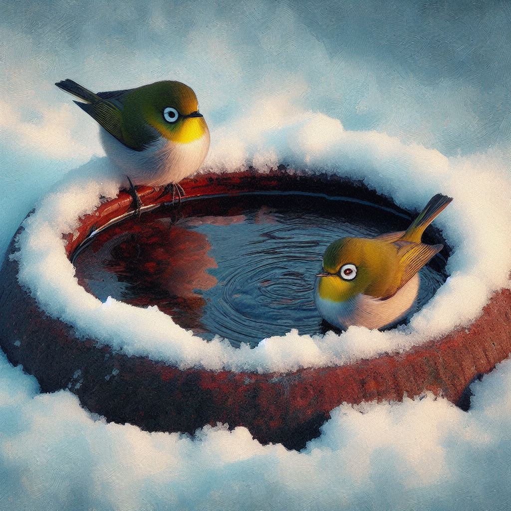 galliraptor's tweet photo. On the snowfield, 2 white-eyes birds are in a bird bath / thermal spring.
#dalle3 #bingimagecreator #whiteeyes #birds #birdart #oilpainting #winter #thermalspring #spa #birdbath #snow #conceptart #impressionism #aiart #neuralart #neuralnetworks #animals #メジロ #AI鳥部 https://t.co/6sk5uwZeNn