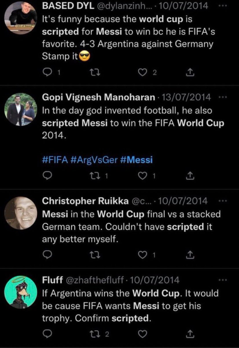 @Joshua_Ubeku I’m not even moved by those Pendu fans saying 2022 WC was scripted/rigged. 

Before the 2014 final it was scripted, after Messi lost it wasn’t scripted anymore. 

Almost 10years and they’ve not changed, just shows they’ll never change