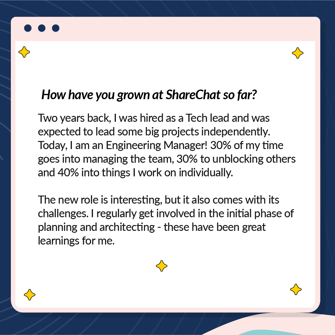 LifeAtShareChat's tweet photo. "Two years back, I was hired as a Tech lead and was expected to lead some big projects independently. Today, I am an Engineering Manager", @_pjoshi shares his learning and growth journey at ShareChat.

Read this story: https://t.co/PSiuhcFMoN

#ScaleIdeastoReality #Engineering https://t.co/TepkhObuJJ