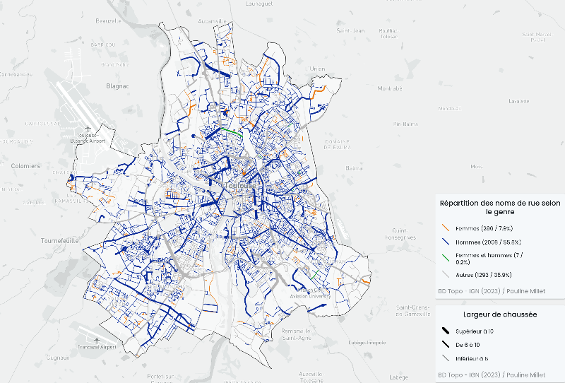 📉 #30DayMapChallenge / Jour 02, Lignes 📈
Le genre des noms de rues à Toulouse!
Hormis les rues catégorisées en "Autres", 87,5% des rues portent un nom d'homme et 12,5% des rues portent un nom de femme. bit.ly/3MpVKYN
Source : BD Topo IGN (2023) - Outil : TerraVisu