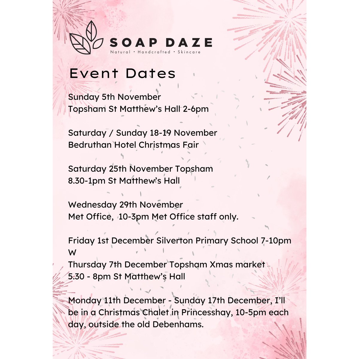 All my events up to Xmas, hope to see you! #exeter #soapdaze