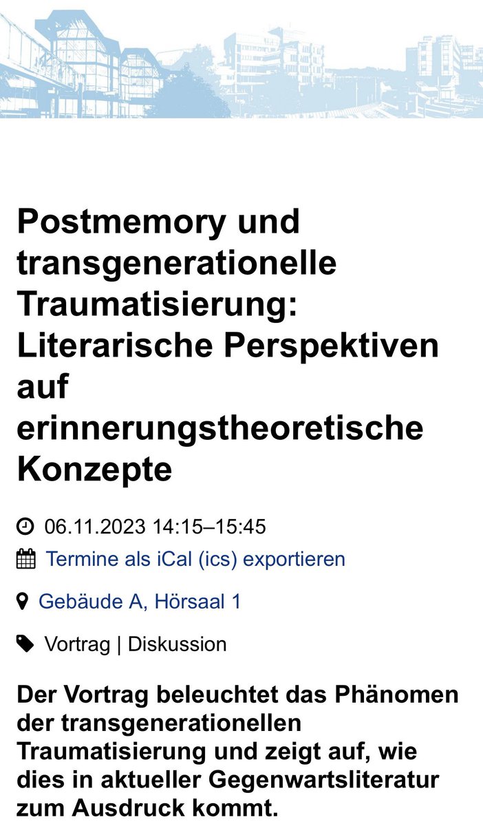 Nächsten Montag spreche ich in Trier über meine aktuelle Forschung zu Postmemory. Die Veranstaltung ist öffentlich und steht anschließend als Aufzeichnung zur Verfügung. Genauere Informationen: uni-trier.de/universitaet/n…