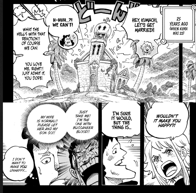 3SkullJoe's tweet photo. #ONEPIECE1097 

Kuma not feeling able to marry Ginny, clearly the love of his life, because he fears she will be unhappy and discriminated against like his parents were 💔

Damn you Oda https://t.co/P4rayL0GNi