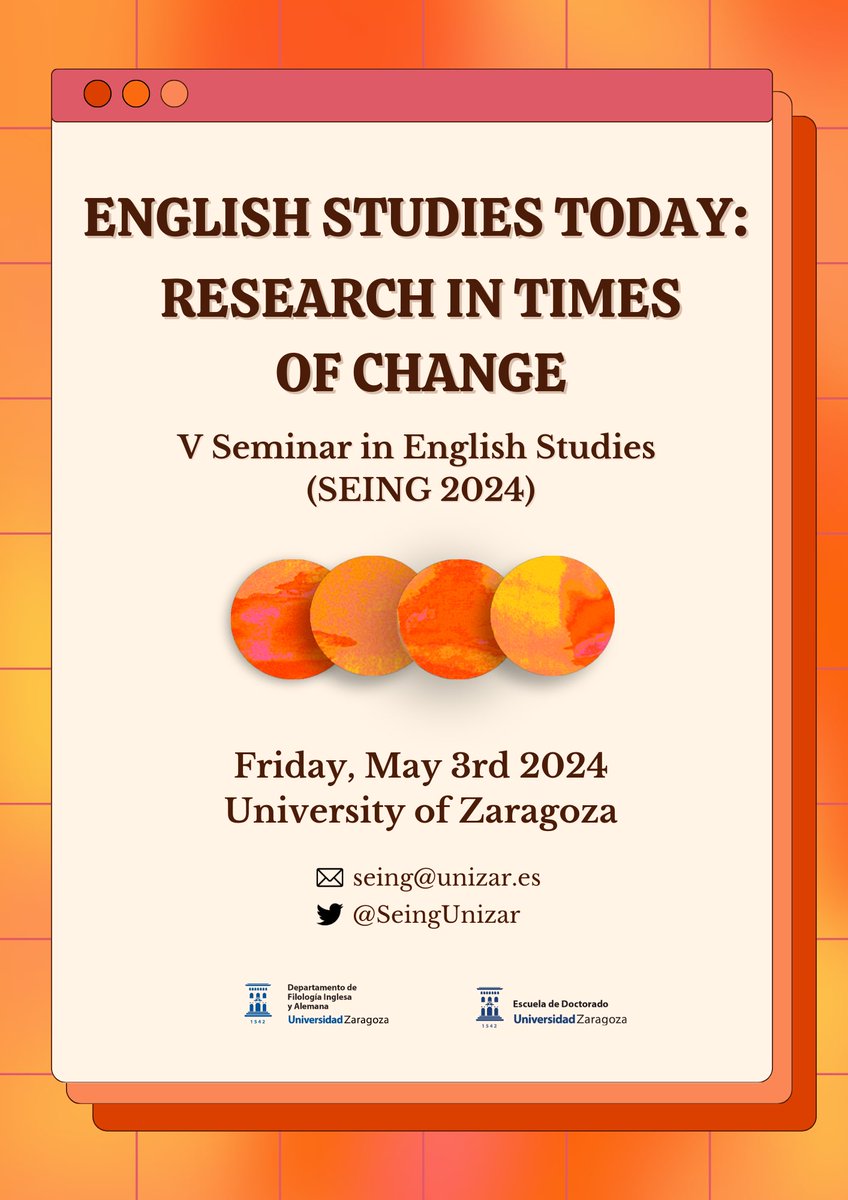 Here we are again! 📅 The 5th edition of the Seminar in English Studies (SEING) will be held on May 3rd, 2024 under the title: English Studies Today: Research in times of change 🔍🎬📚💻 Stay tuned for upcoming news 🔔