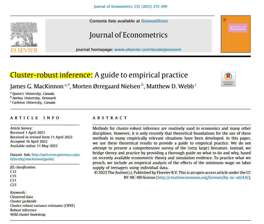 Giuseppe Cavaliere (@cavalieregiu) on Twitter photo Hi #EconTwitter! 📈
For the applied economists who missed these great surveys: 📚
Check out👇 the <a href="/JEconometrics/">Journal of Econometrics</a>'s "𝐡𝐨𝐰 𝐭𝐨" papers
- Cluster robust inference (<a href="/jgmQED/">James MacKinnon</a>, @MortenEcon, <a href="/mattdwebb/">Matt Webb</a>);
- instrument strength in IV (Keane & Neal);
- Diff-in-diff #Econometrics Hi #EconTwitter! 📈
For the applied economists who missed these great surveys: 📚
Check out👇 the <a href="/JEconometrics/">Journal of Econometrics</a>'s "𝐡𝐨𝐰 𝐭𝐨" papers
- Cluster robust inference (<a href="/jgmQED/">James MacKinnon</a>, @MortenEcon, <a href="/mattdwebb/">Matt Webb</a>);
- instrument strength in IV (Keane & Neal);
- Diff-in-diff #Econometrics