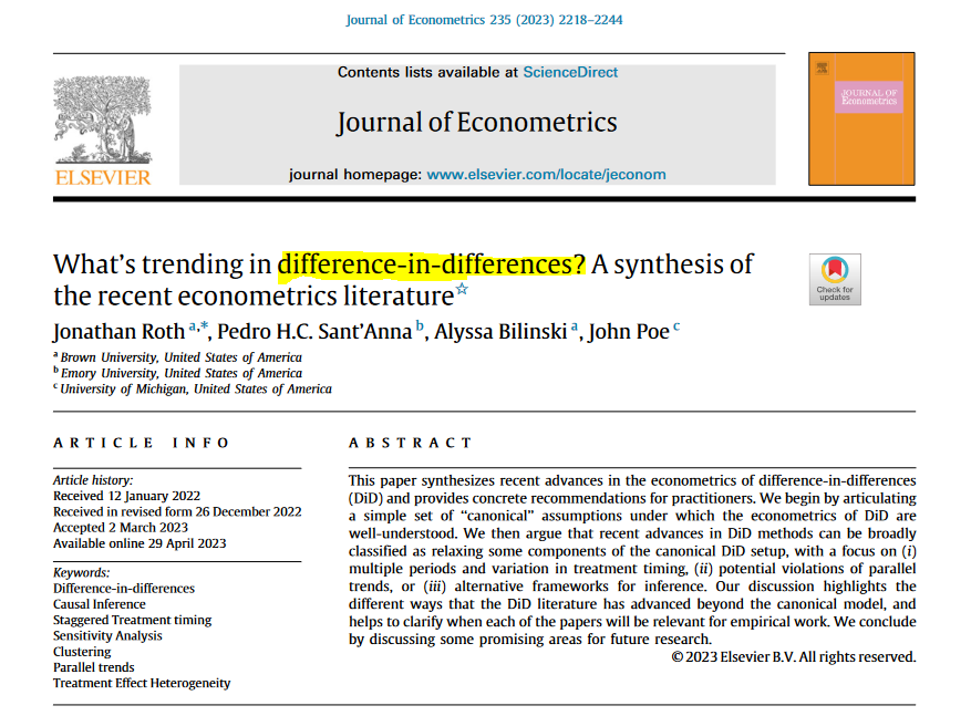 CavaliereGiu's tweet photo. Hi #EconTwitter! 📈

For the applied economists who missed these great surveys: 📚

Check out👇 the @JEconometrics's "𝐡𝐨𝐰 𝐭𝐨" papers

- Cluster robust inference (@jgmQED, @MortenEcon, @mattdwebb);
- instrument strength in IV (Keane & Neal);
- Diff-in-diff #Econometrics (@jondr44, @pedrohcgs, @ambilinski & @DavidPoe223).

Great and super useful stuff - good for practitioners/students/instructors.

Stay tuned with @jeconometrics for more! 📻

𝐋𝐢𝐧𝐤𝐬:

How to papers: https://t.co/rCCiH1yoGM

Cluster robust inference: https://t.co/5konUJPEQD

IV: https://t.co/sUVTTtiHa6

DiD: https://t.co/BuCNxSApMB

For contributors: check out the editorial here https://t.co/tMqTWIbFec