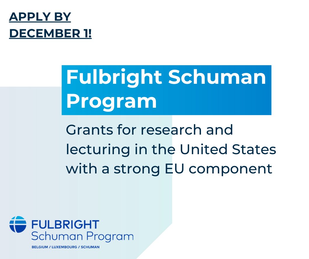 🇺🇸 🇪🇺 The Fulbright Schuman Program awards scholarships to European citizens for research in the U.S. with a focus on EU affairs/policy, or the US-EU transatlantic agenda. The deadline to submit an application is 1 December 2023 ℹ️ bit.ly/48O2NUx @fulbrightBELUEU