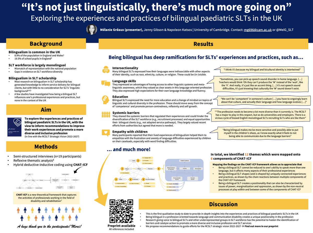 ❓Are you attending #RCSLTConf2023 ?
📢 Come and check out our #poster on the experiences and practices of bilingual SLTs ! 
🙌 #SLT #Inclusion #Diversity 
😊We would love to hear your thoughts 
<a href="/DrJennyG/">Jenny Gibson</a> <a href="/RCSLTResearch/">RCSLTResearch</a> <a href="/BilingMatters/">Bilingualism Matters</a> <a href="/cam_biling/">CamBilingNetwork</a> <a href="/LondonBilCEN/">Bilingualism London CEN</a>